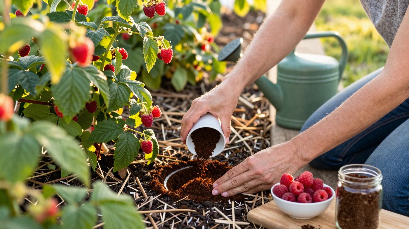 Pessoa a adicionar fertilizante ao solo junto a plantas de framboesas maduras num jardim ensolarado.