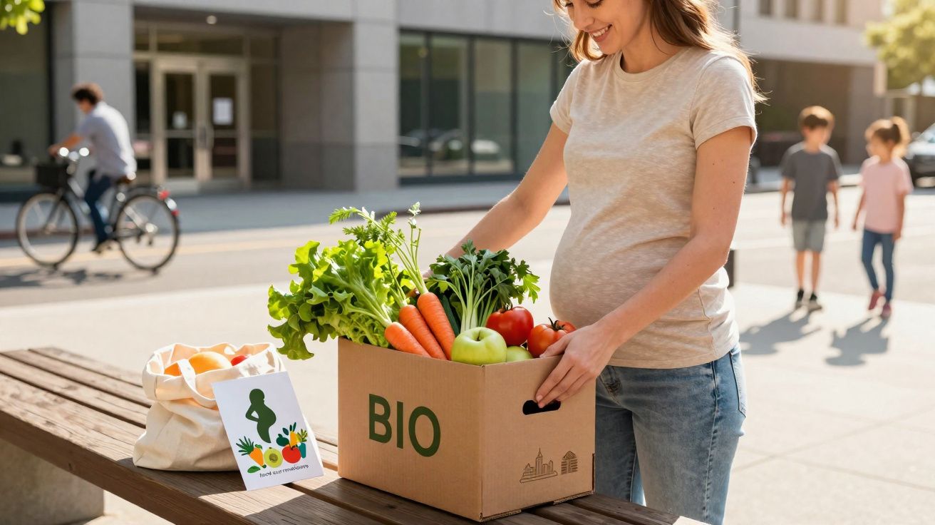 Mulher grávida com caixa de legumes e frutas biológicos ao ar livre numa cesta reutilizável.