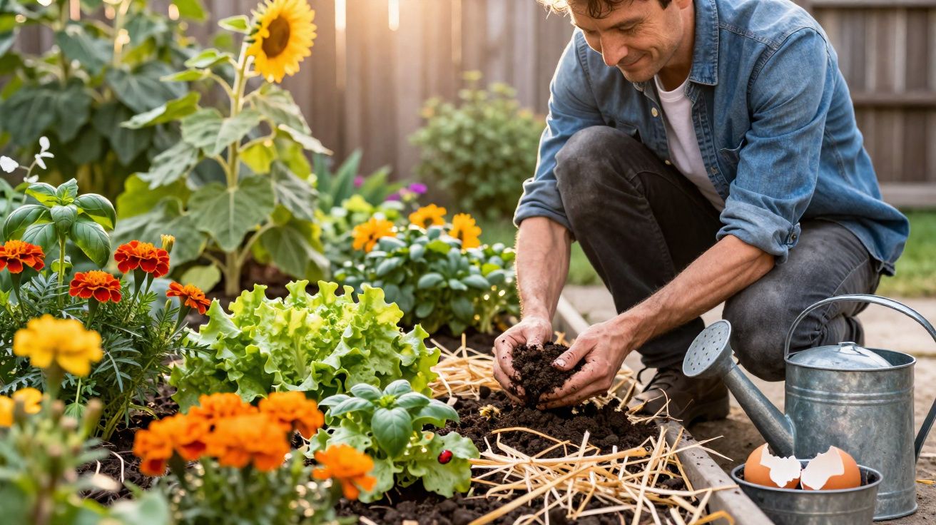 Homem a cuidar do jardim, mexendo na terra junto a flores coloridas e legumes num canteiro.