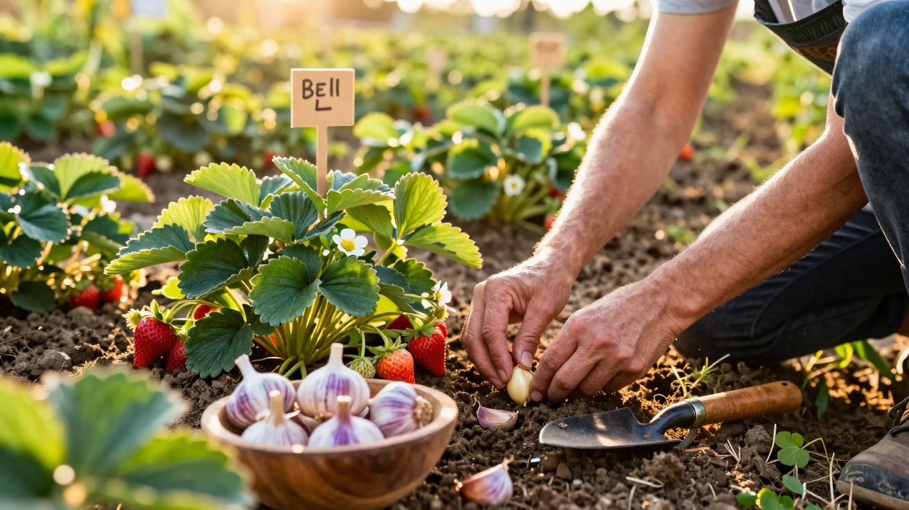 Pessoa a plantar dentes de alho num campo com plantas de morango maduras e colheita de alho numa tigela.