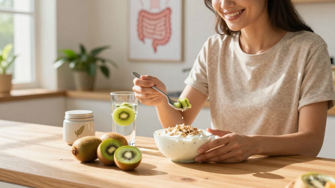 Mulher sorridente a comer iogurte com kiwi e granola à mesa de madeira na cozinha iluminada.