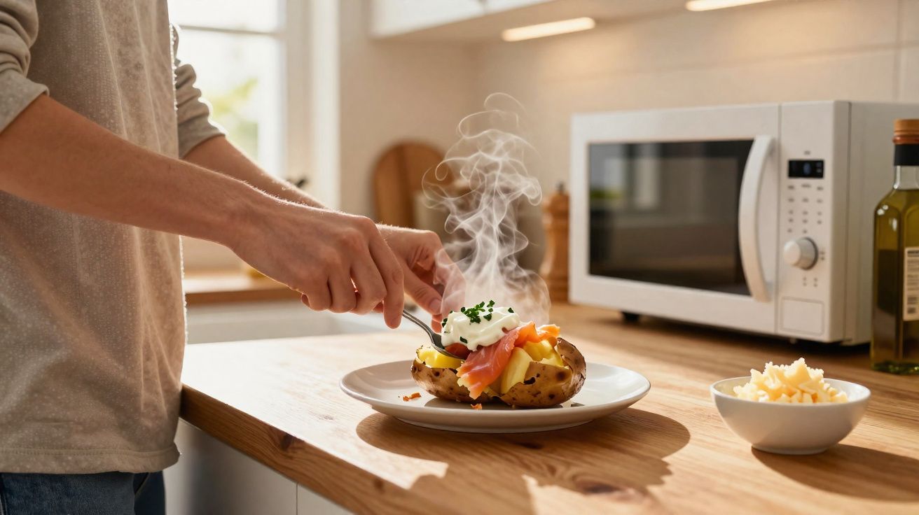Pessoa a preparar batata assada com salmão fumado, natas e cebolinhas numa cozinha luminosa.