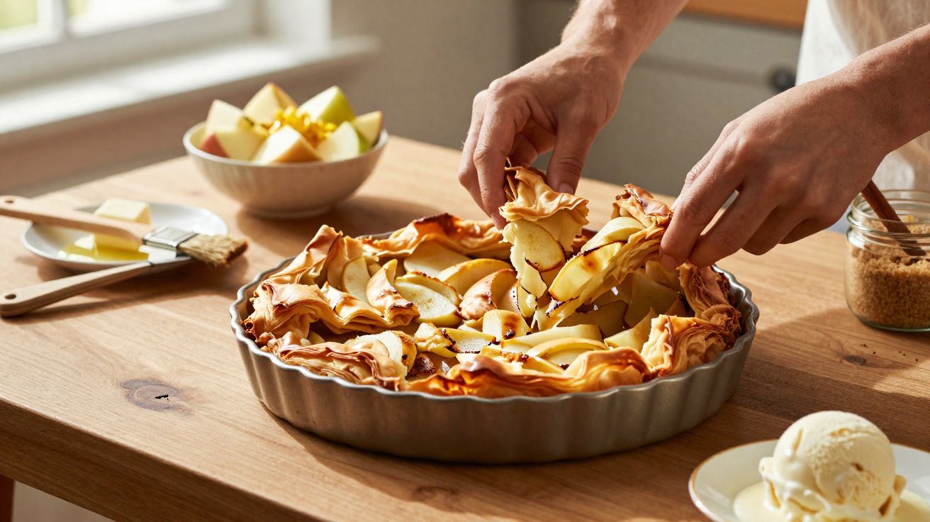 Mãos a preparar uma tarte de maçã com massa folhada numa forma metálica sobre uma mesa de madeira.