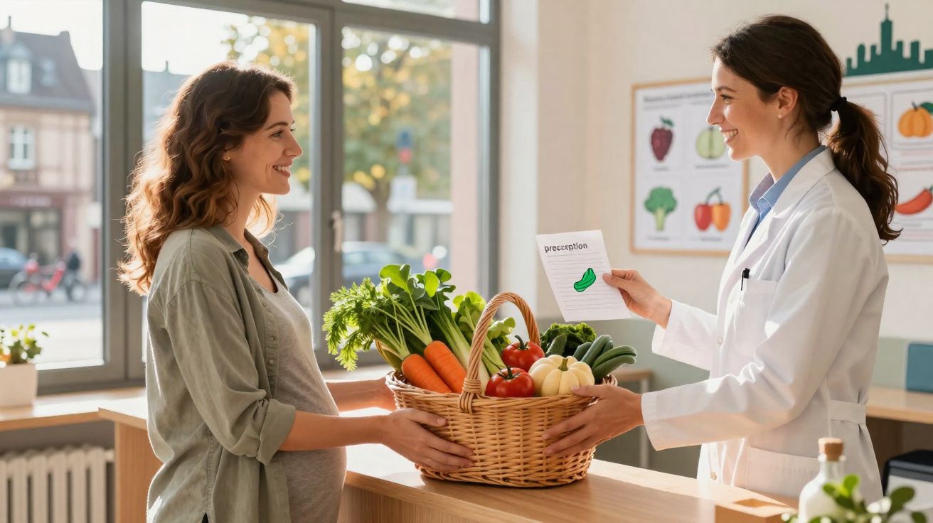 Nutricionista a entregar receita e cesta de legumes frescos a mulher grávida numa consulta.