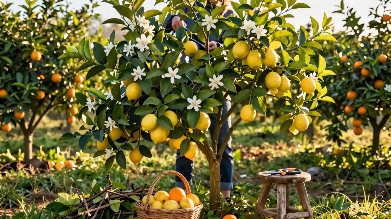 Limoeiro com frutos e flores brancas, cesta com limões e laranjas, tesoura e banco em pomar ao sol.
