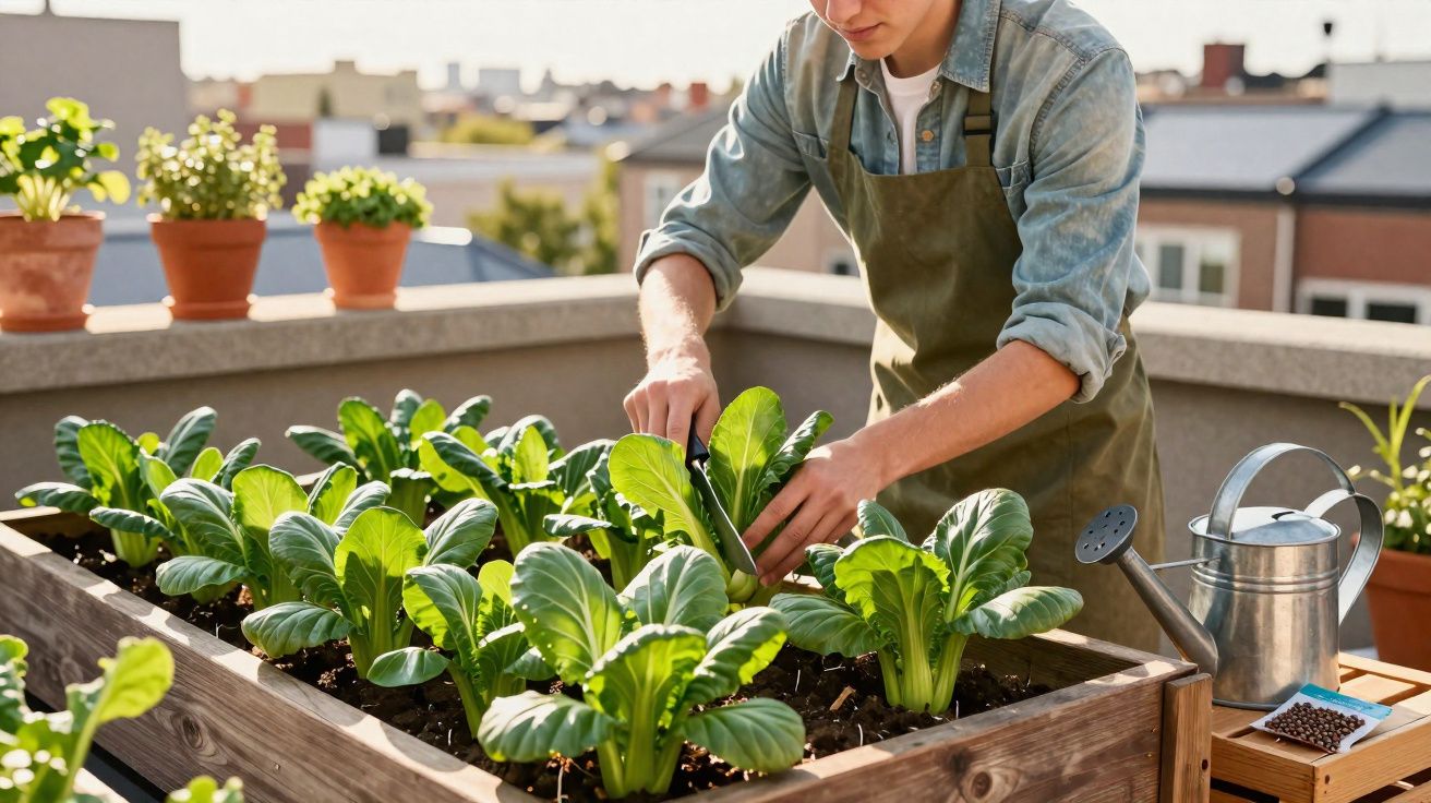 Pessoa a cuidar de plantas verdes numa horta urbana em caixa de madeira num terraço ensolarado.