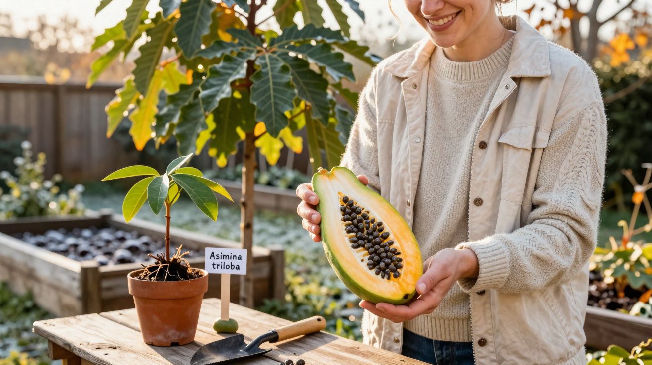 Pessoa a segurar metade de uma papaia madura num jardim, com muda de Asimina triloba em vaso ao lado.