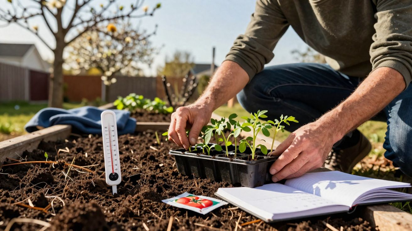 Pessoa a plantar mudas num jardim com termómetro no solo e caderno aberto ao lado.