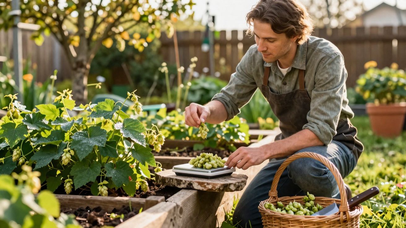 Homem colhe e pesa frutos verdes numa horta com plantas e cesta cheia de frutos ao lado.