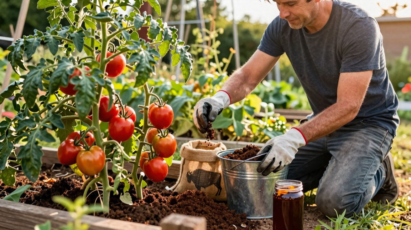 Homem a cultivar tomates num jardim em canteiro elevado, preparando o solo com adubo.