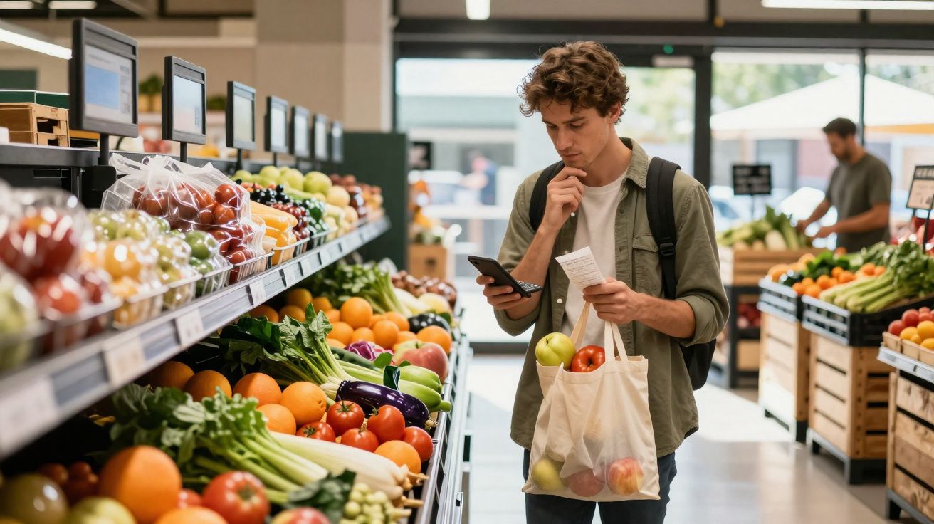 Jovem a fazer compras de frutas e legumes numa mercearia, consultando lista no telemóvel.