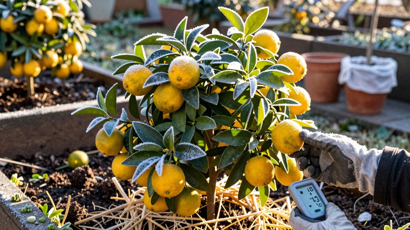 Mãos com luvas seguram termómetro junto a uma pequena árvore de citrinos com frutos cobertos de geada.