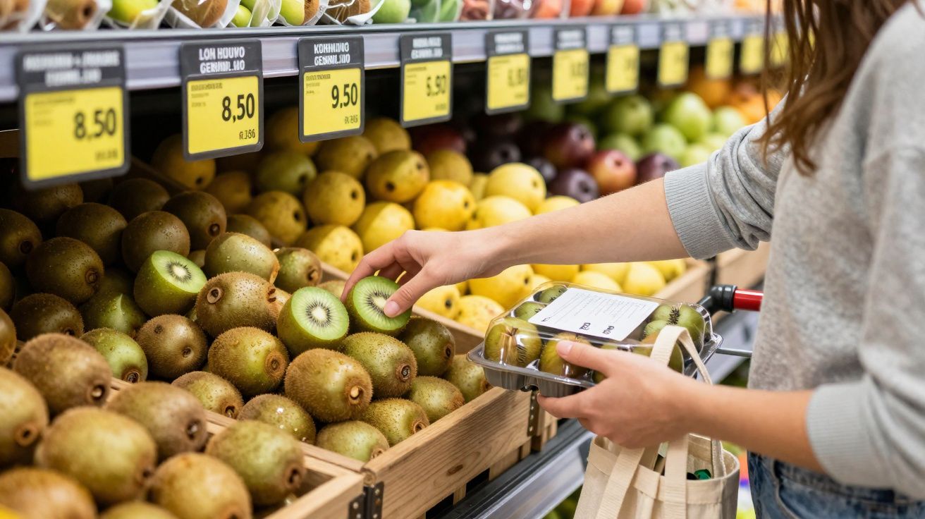 Pessoa a escolher kiwis num supermercado, com várias frutas dispostas em caixas de madeira.