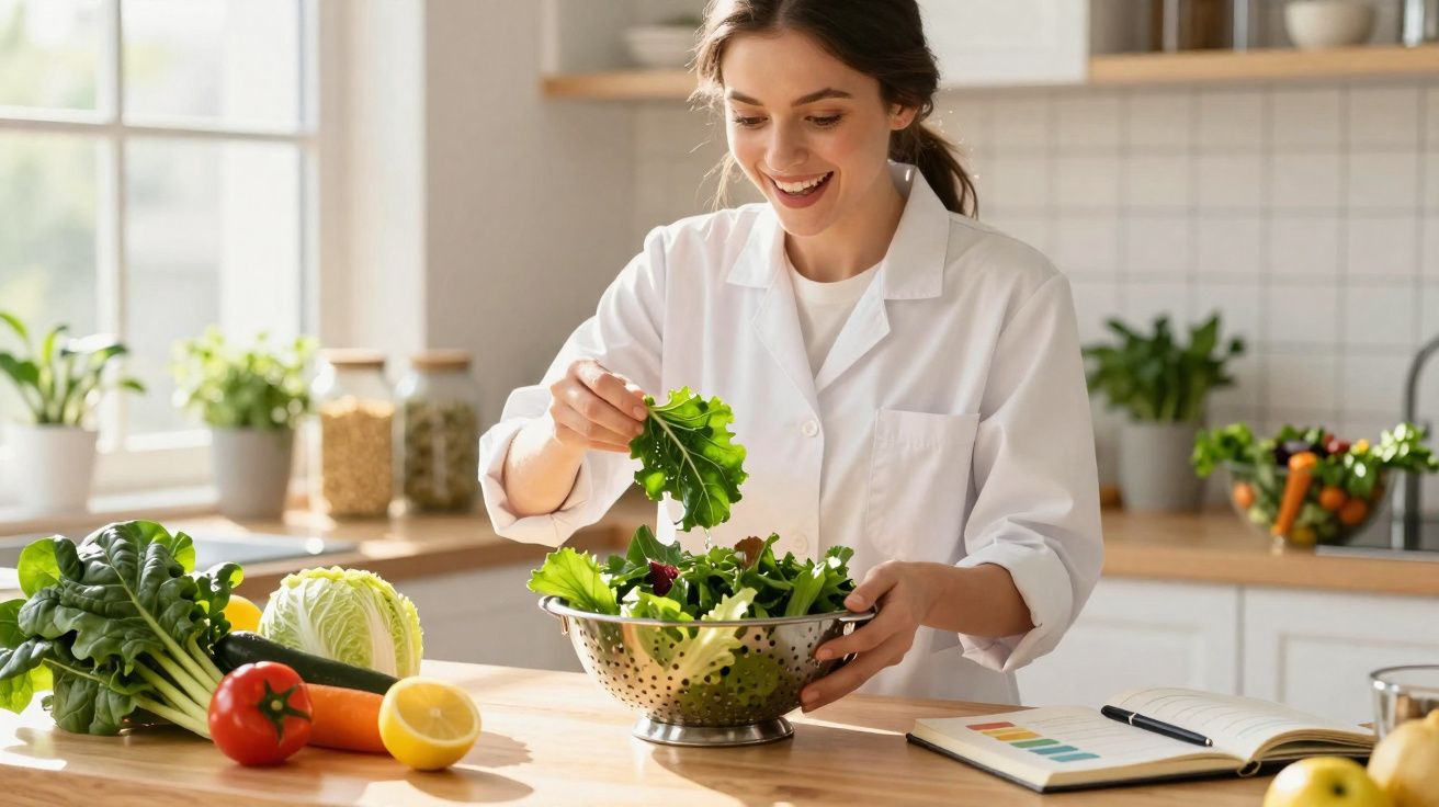 Mulher a preparar salada com legumes frescos numa cozinha luminosa e moderna.
