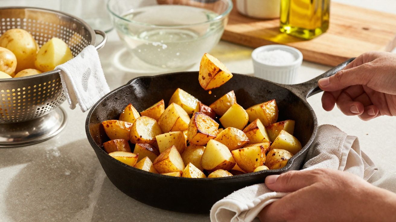 Batatas douradas a saltear numa frigideira de ferro com mãos a segurá-la e coador com batatas ao lado.