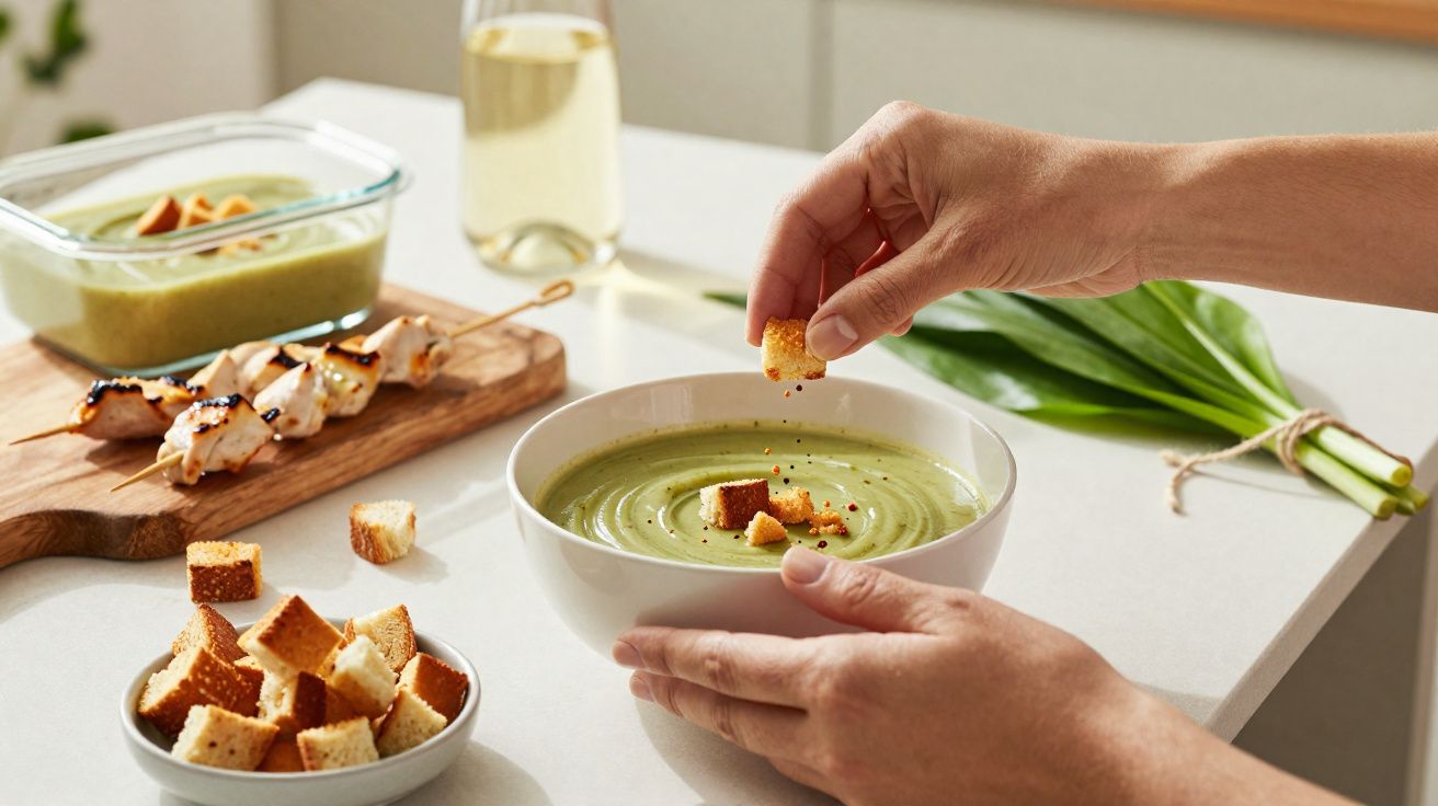 Sopa cremosa verde com croûtons numa tigela, mãos a colocar croûtons, espetos de frango e taça de sopa ao fundo.