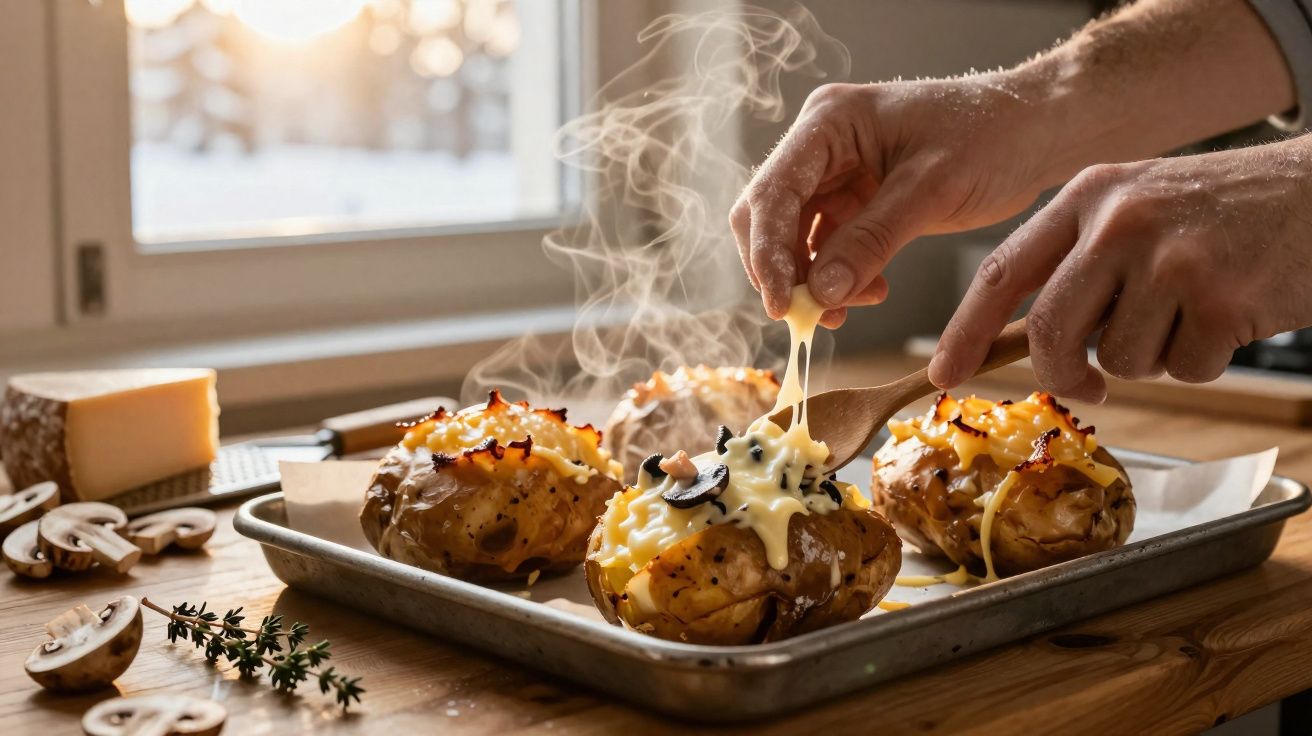 Batatas assadas com queijo derretido numa tabuleiro, com mãos a espalhar o queijo quente.