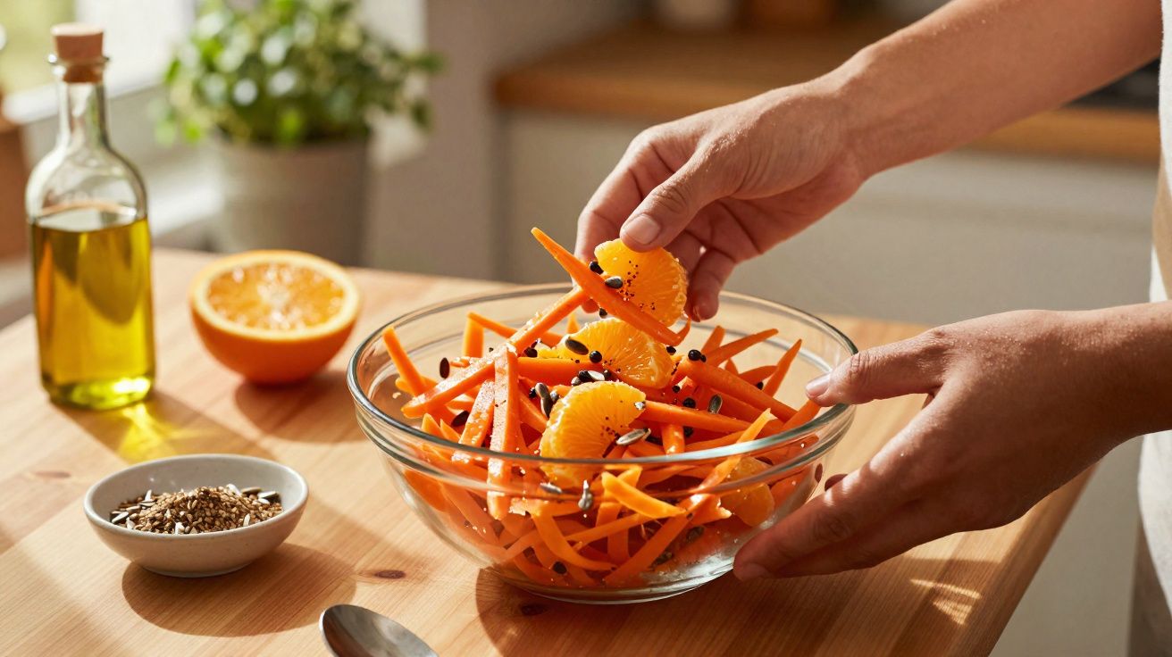 Mãos a preparar salada de cenoura e tangerina numa taça de vidro sobre mesa de madeira.