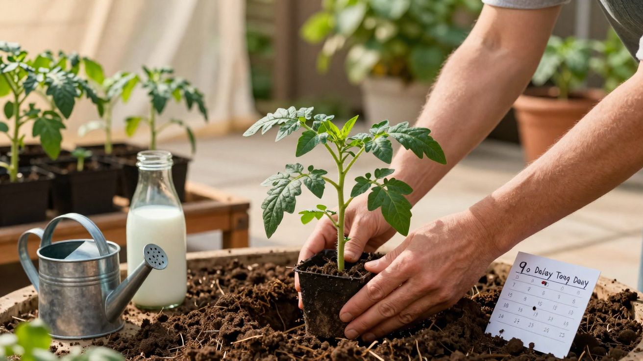 Mãos a plantar uma muda de tomate em terra com regador e garrafa de leite ao lado.