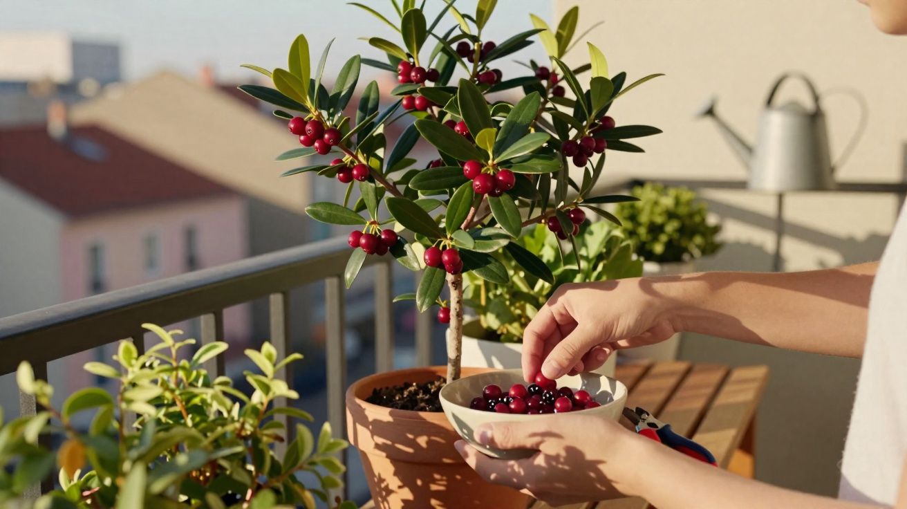 Pessoa a colher bagas vermelhas de planta em vaso numa varanda ensolarada, com outras plantas ao redor.