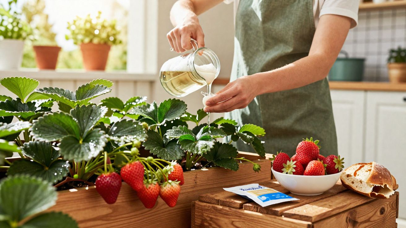 Pessoa a regar plantas de morango num vaso interior com morangos maduros e tigela de morangos na bancada.