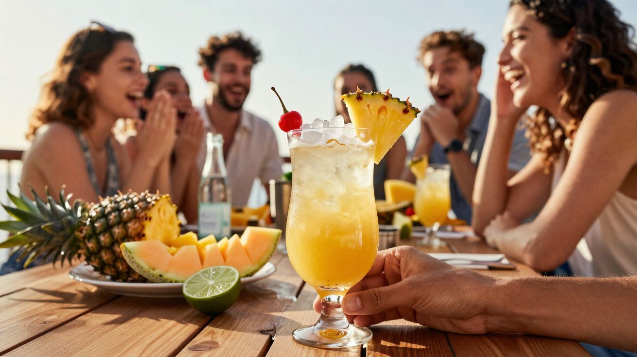 Pessoa a segurar cocktail tropical com abacaxi e grupo de amigos a conviver ao fundo numa mesa exterior.