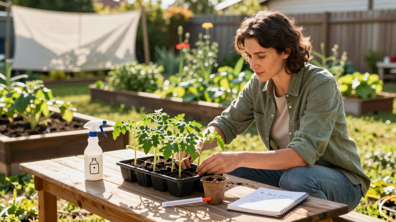 Mulher a cuidar de plantas jovens numa mesa de madeira num jardim ensolarado.