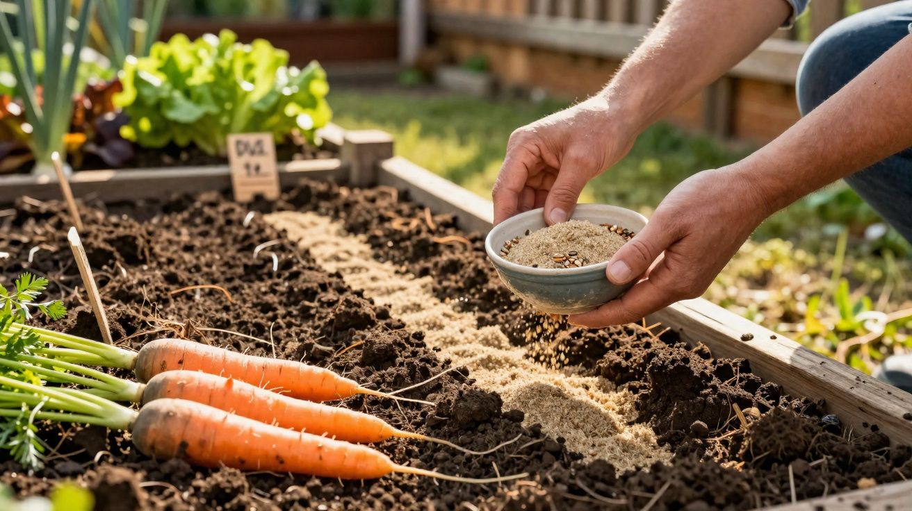 Mãos a semear sementes numa horta caseira com cenouras e alface ao fundo.