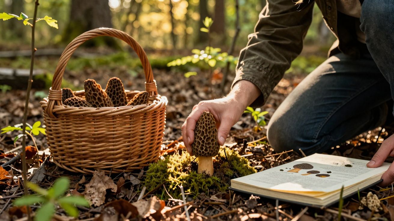 Pessoa apanha cogumelo amarelo no chão da floresta com cesta cheia de cogumelos e livro de identificação.