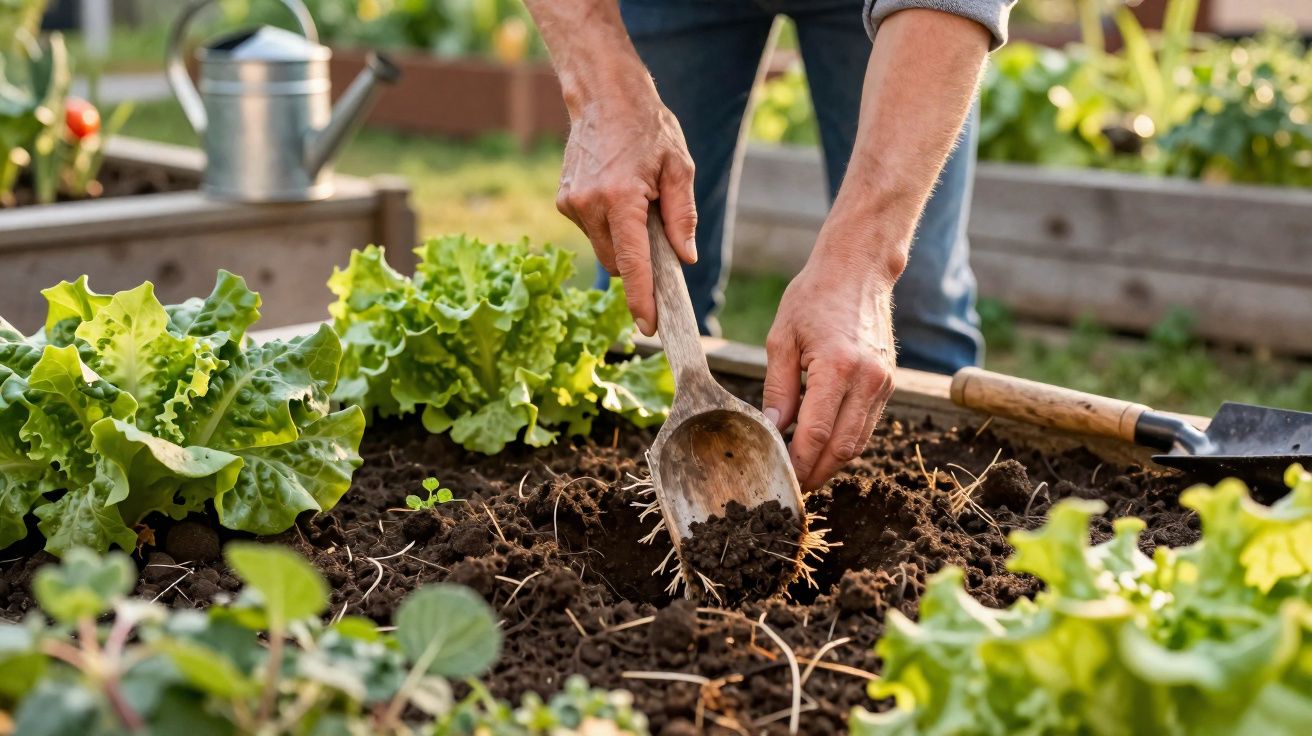 Mãos a cavar terra com uma colher num canteiro com plantas verdes, num jardim ao ar livre.