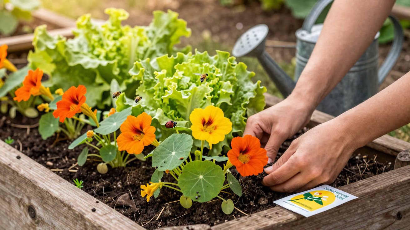 Mãos a cuidar de flores coloridas e alfaces numa horta elevada com abelhas e joaninhas.