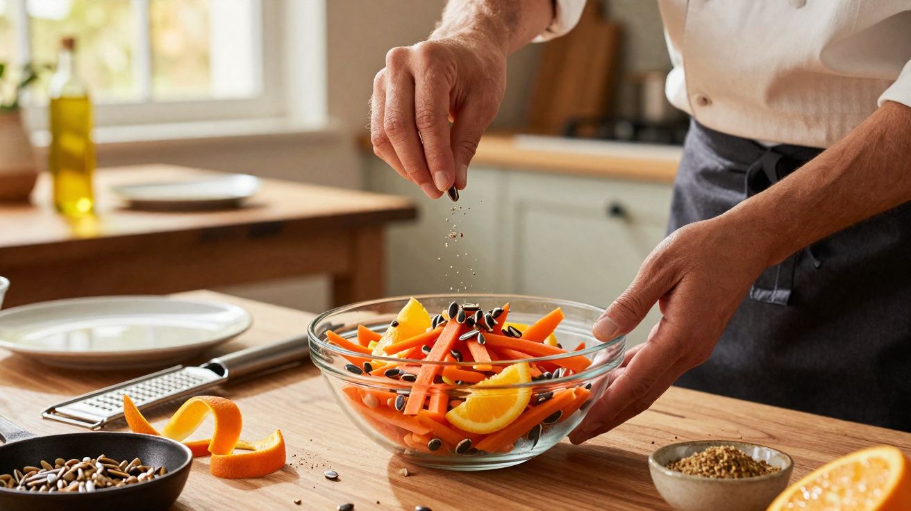 Mãos temperam salada de cenoura com fatias de laranja e sementes numa taça de vidro na cozinha.
