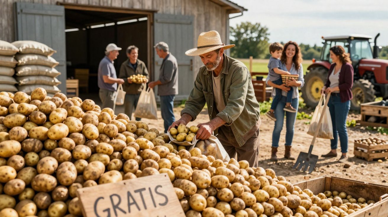 Homem a colocar batatas numa sacola em feira com outras pessoas ao fundo e tractor agrícola.