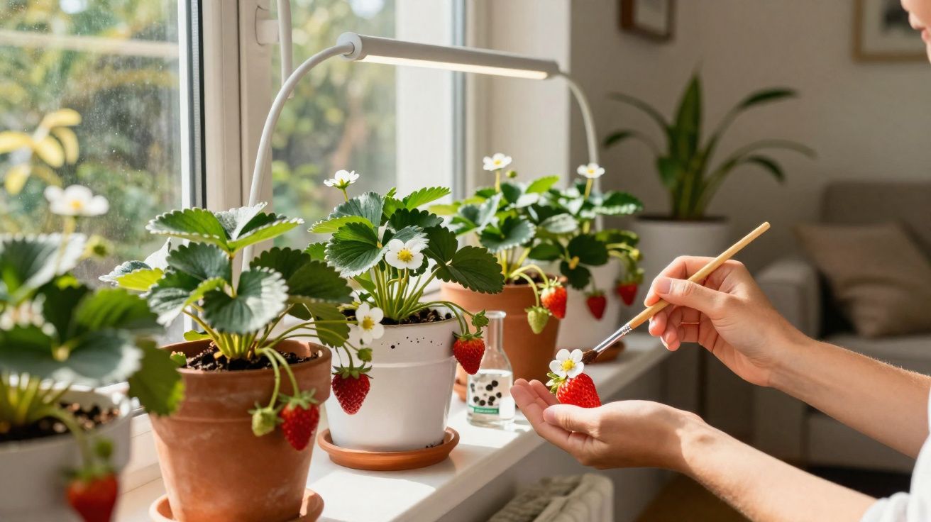 Mãos a pintar flores de morango com pincel em vasos na janela com luz natural.