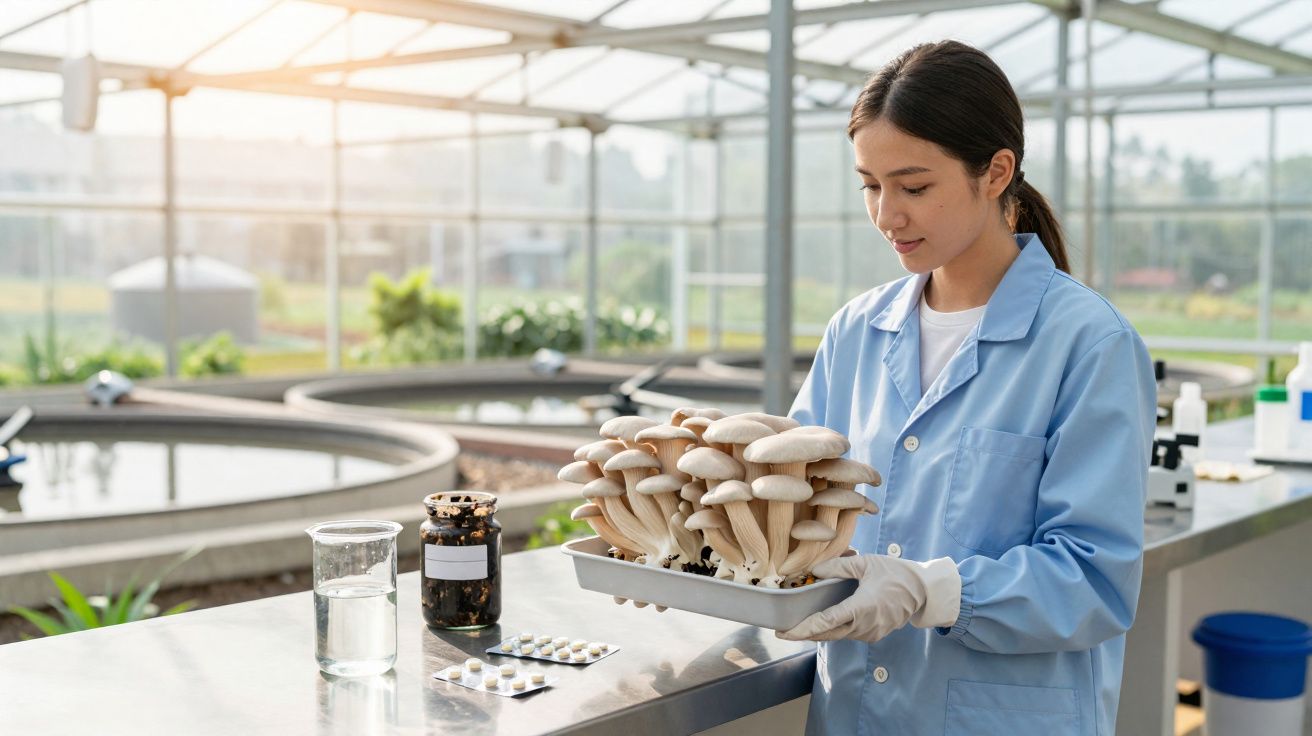 Mulher em laboratório segurando bandeja com cogumelos frescos, usando bata azul e luvas.