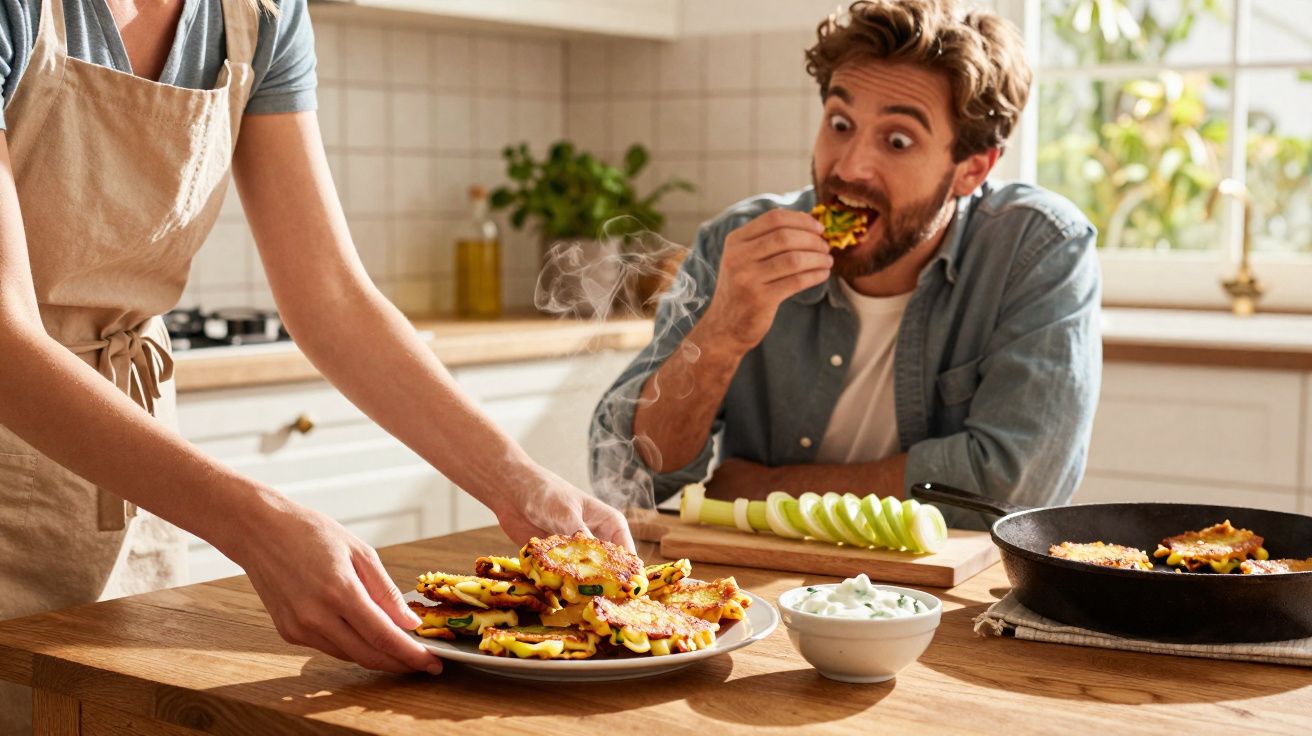 Homem a comer fatia de pizza caseira numa cozinha, outra pessoa coloca mais fatias num prato.