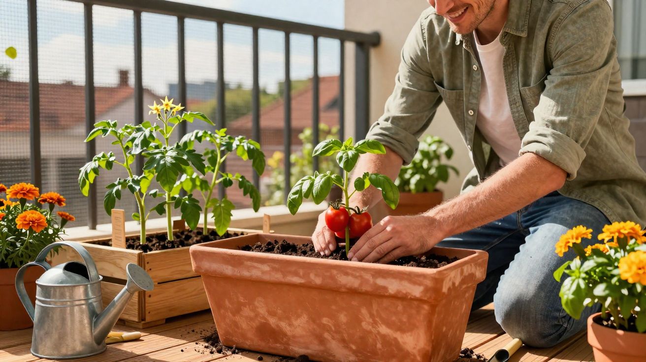 Homem a cultivar tomateiros e plantas com flores num vaso grande numa varanda ensolarada.
