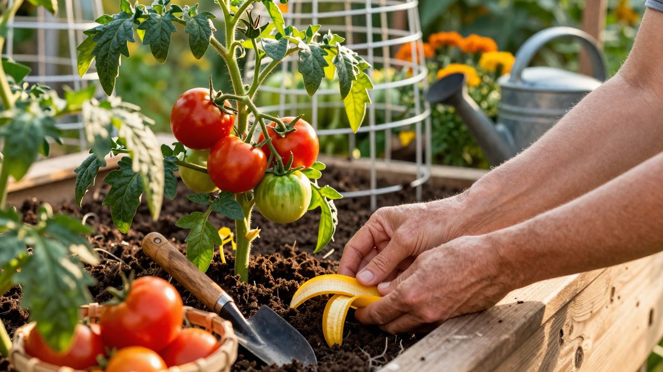 Mãos a plantar ou cuidar de plantas de tomateiros em canteiro de madeira num jardim com ferramentas e regador.