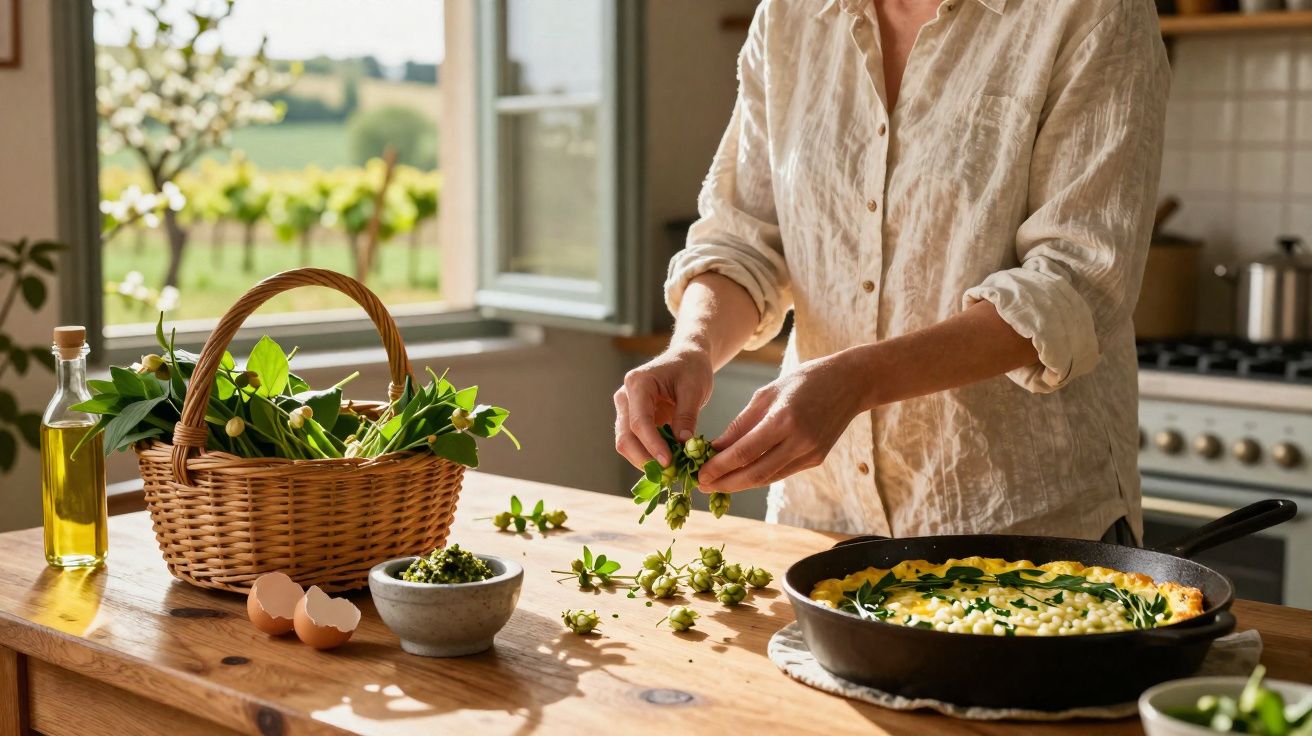 Pessoa a preparar ervas frescas na cozinha com cesto de vegetais, ovos partidos e frigideira com comida.