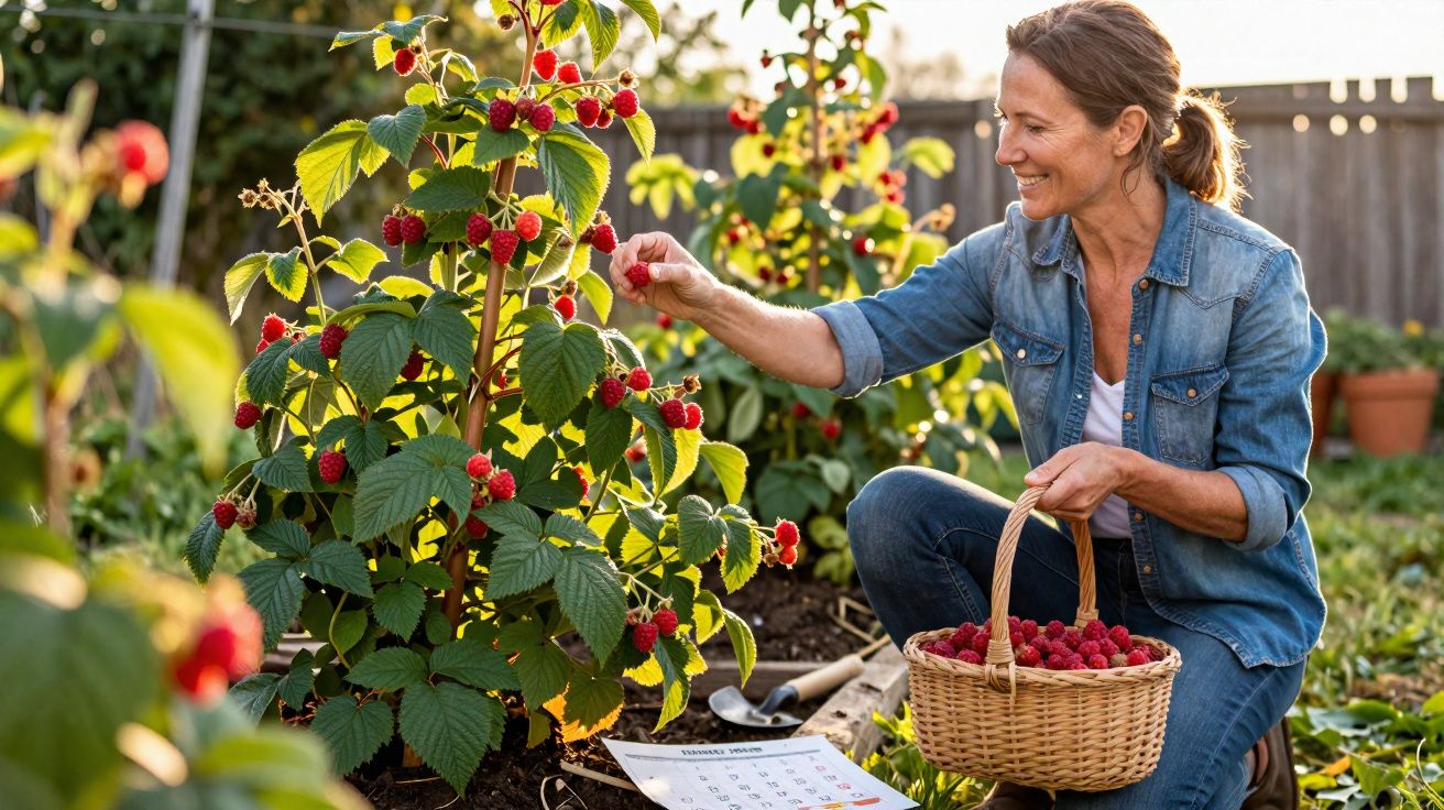 Mulher a colher amoras num cesto num jardim ensolarado com plantas e calendário no chão.