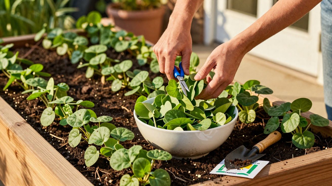 Mãos a colher folhas verdes frescas de uma planta em canteiro de madeira para uma tigela branca.