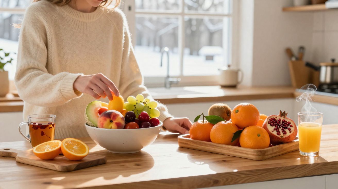 Pessoa a preparar frutas frescas e sumo de laranja numa cozinha luminosa e moderna.