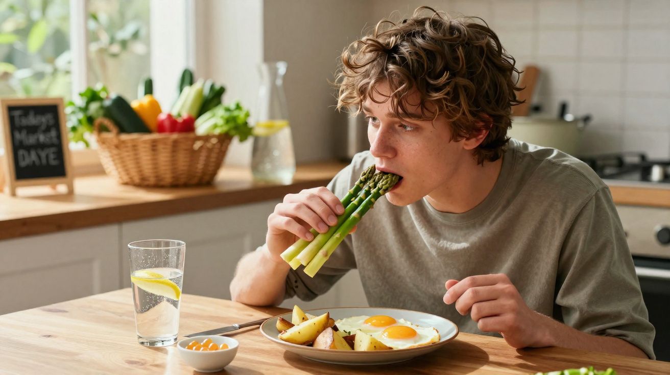 Jovem a comer espargos crus sentado numa cozinha, com ovos estrelados, batatas e copo de água à sua frente.