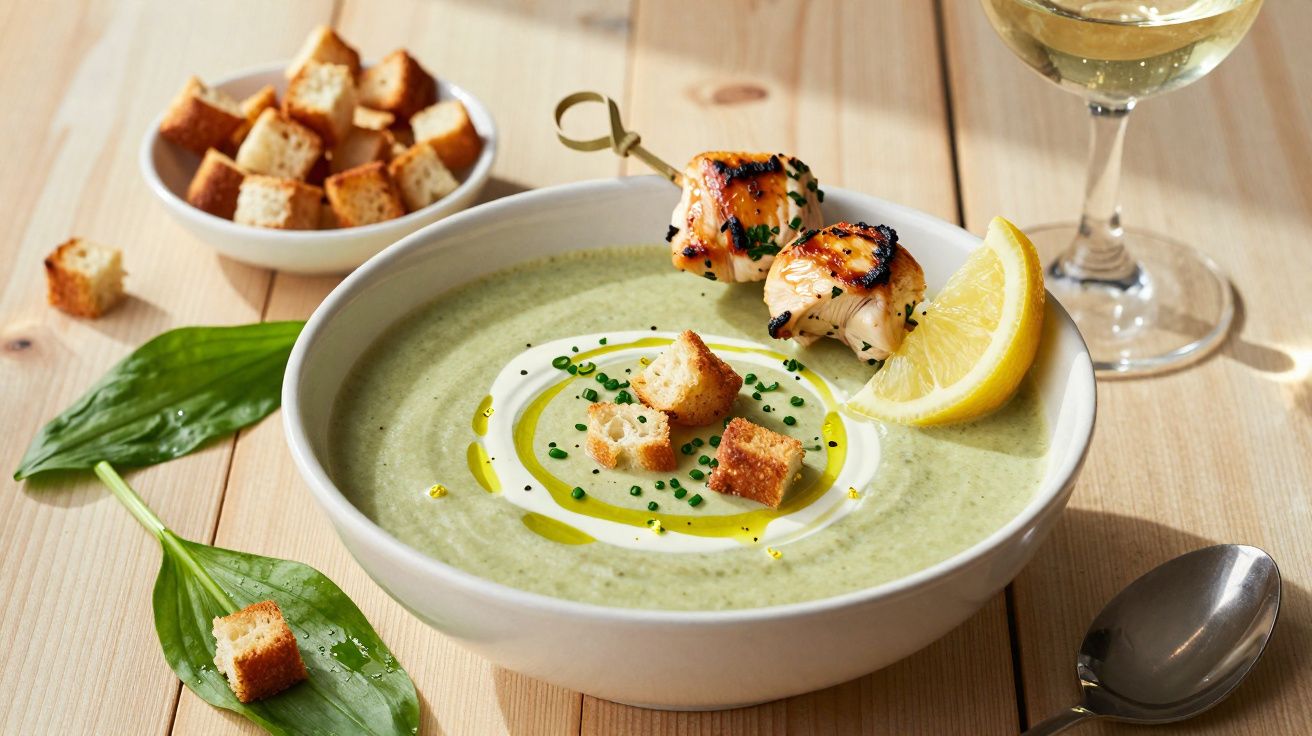 Sopa cremosa verde com croutons, cebolinho, espeto de frango grelhado, fatia de limão e copo de vinho branco.