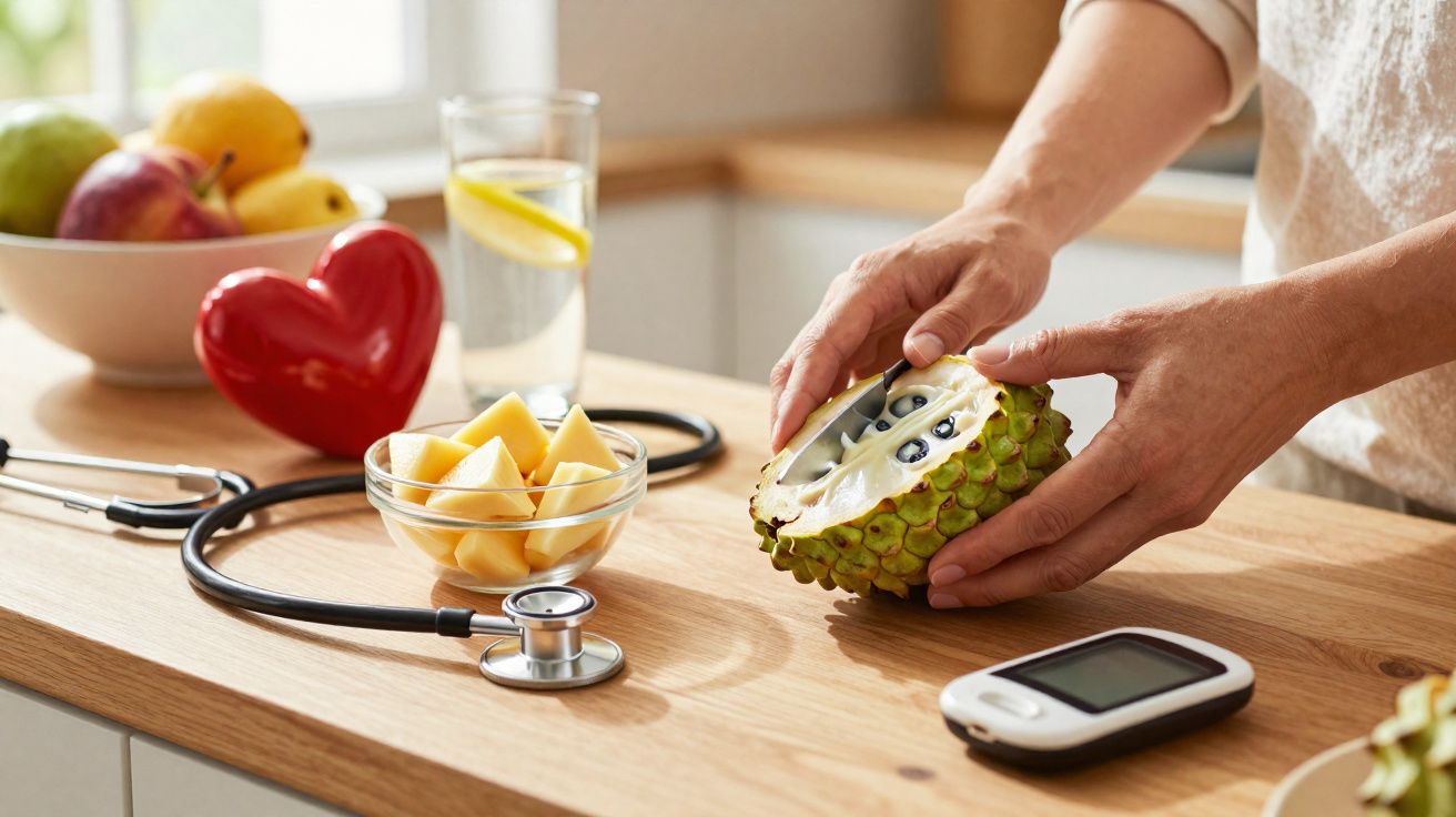 Pessoa segurando fruta exótica cortada, com estetoscópio, oxímetro e frutas numa cozinha.