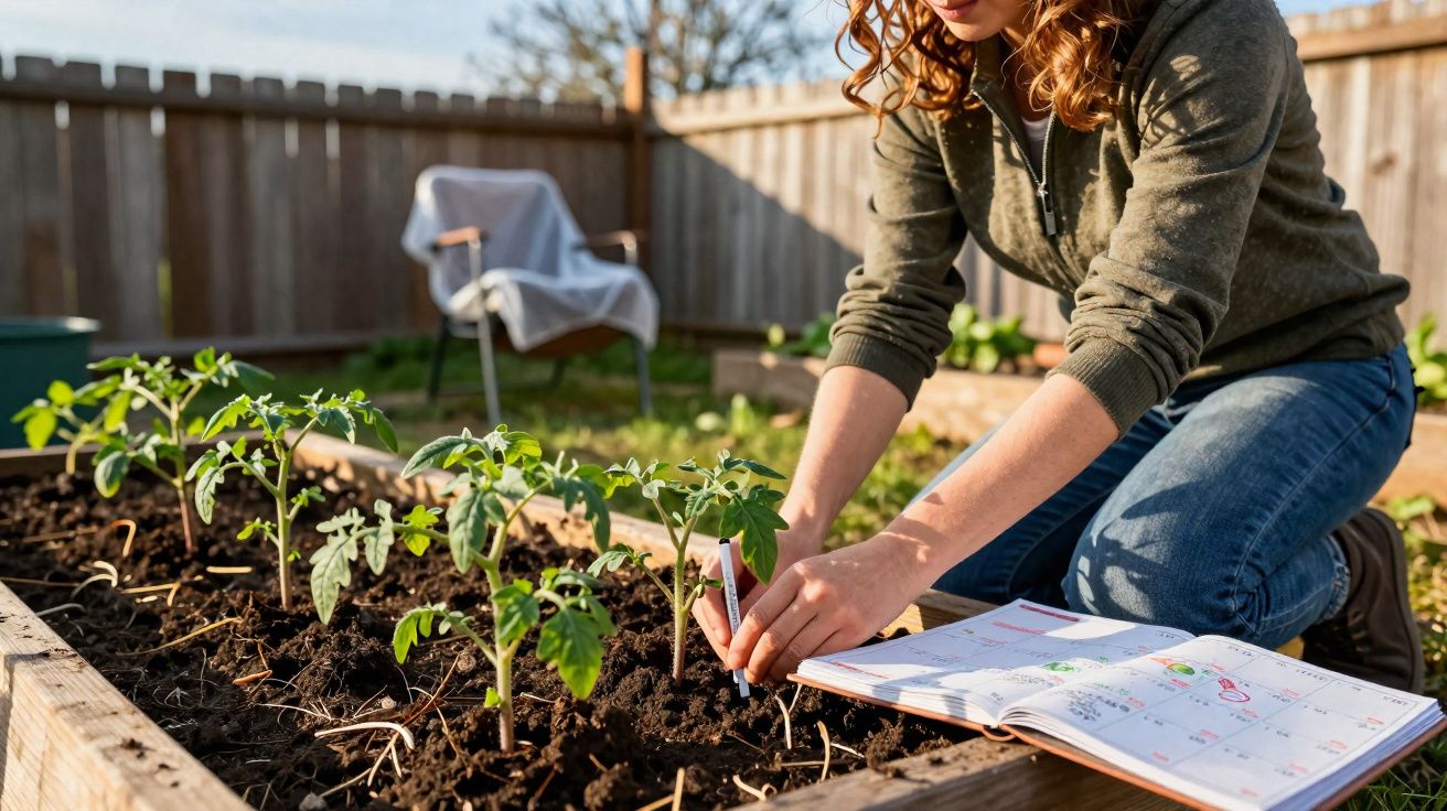 Pessoa a cuidar de plantas num canteiro elevado com um caderno aberto ao lado, jardim ao ar livre.