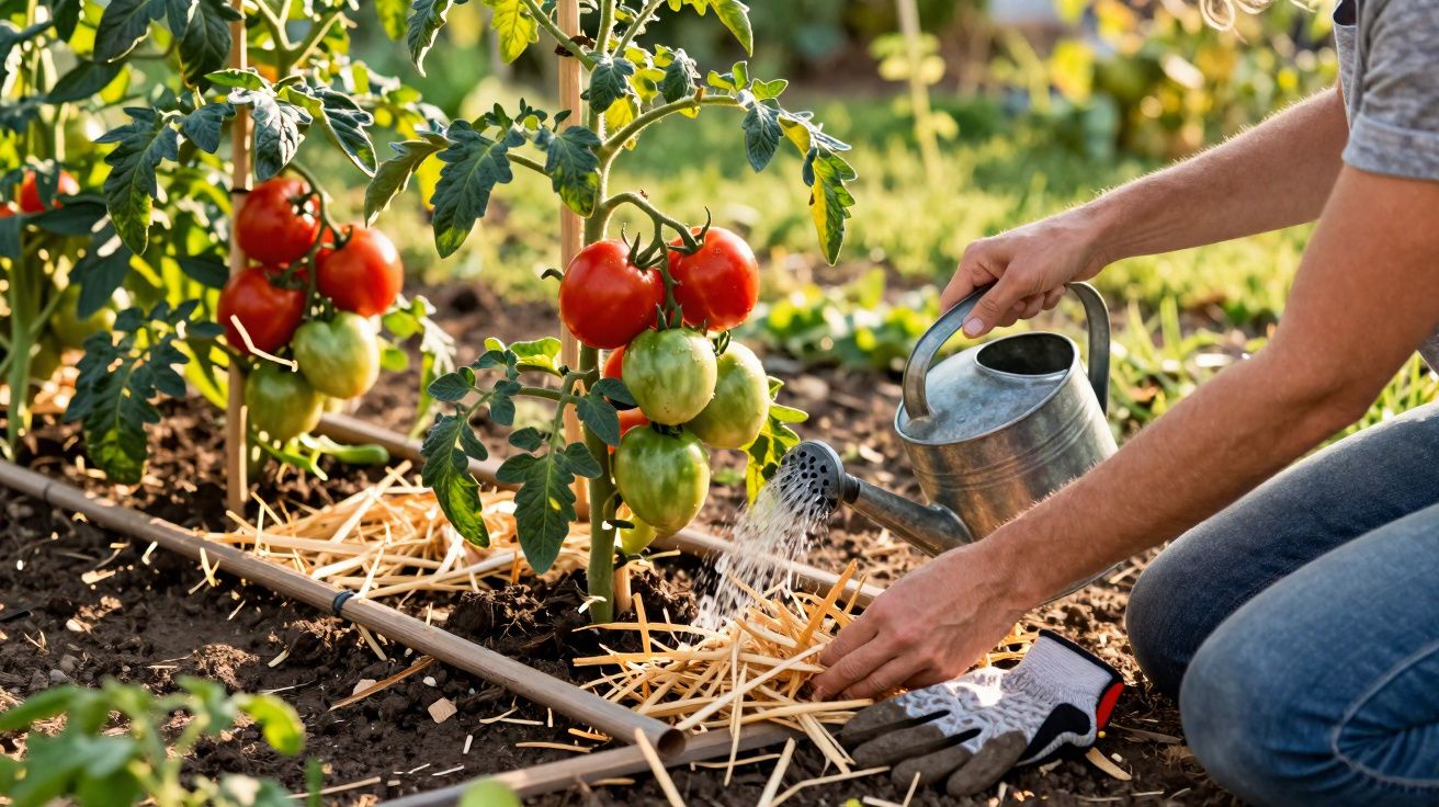 Pessoa a regar plantas de tomate com frutos verdes e vermelhos num jardim ensolarado.
