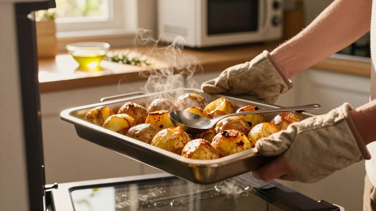 Mãos com luvas a retirar tabuleiro com batatas assadas fumegantes do forno numa cozinha iluminada.