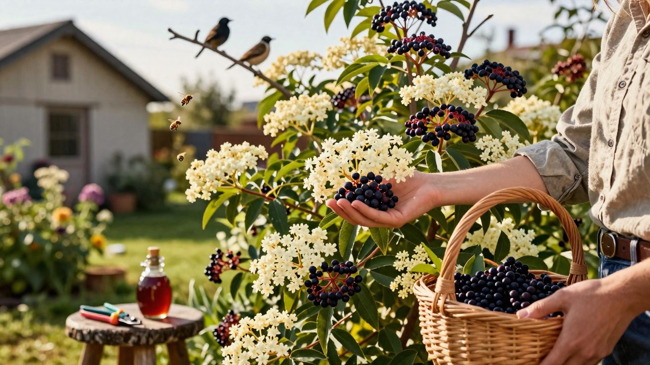 Pessoa apanha bagas pretas de sabugueiro com cesto num jardim ensolarado com flores e pássaros.