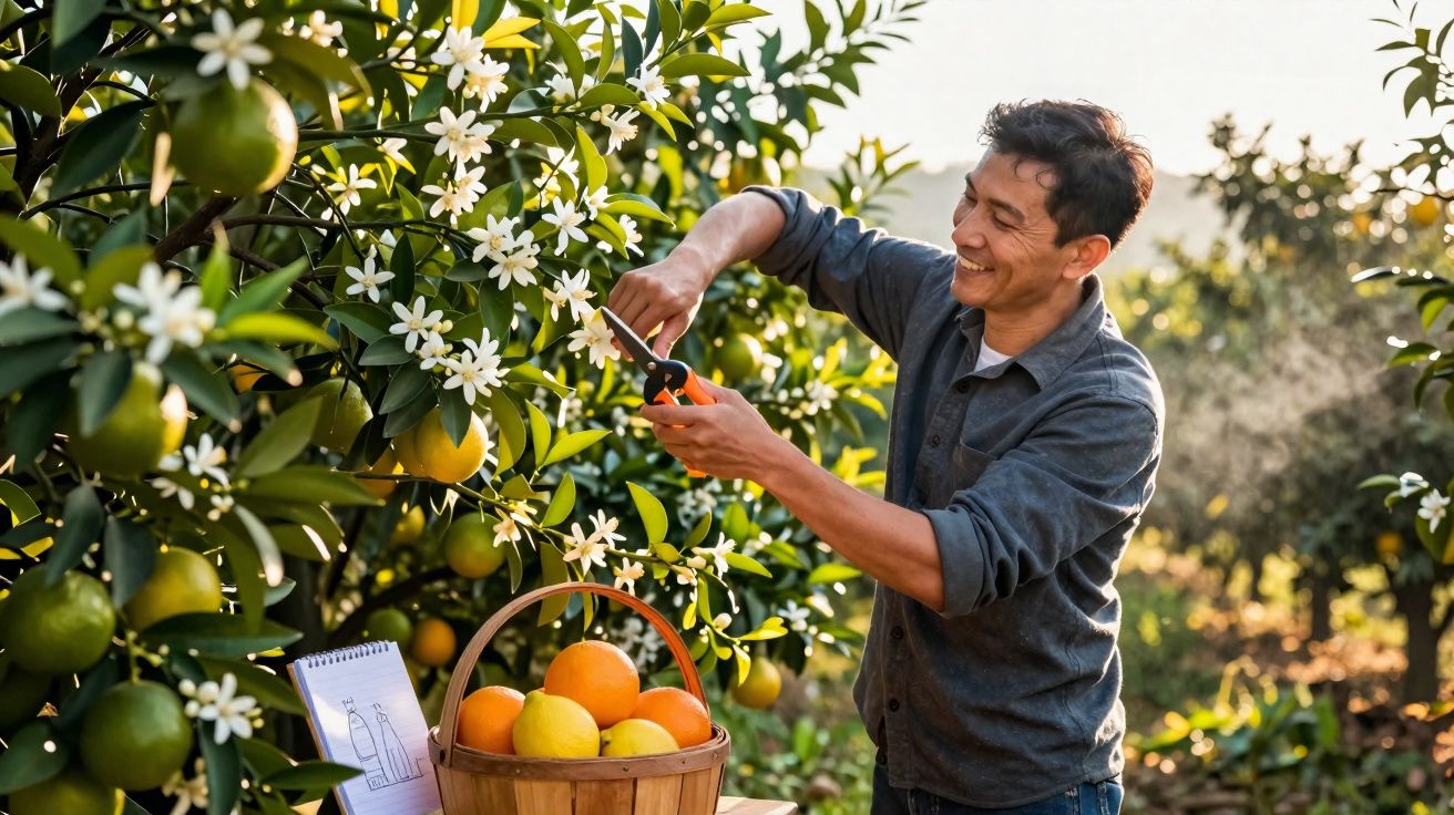 Homem a colher frutas de laranja de árvore florida num pomar ao entardecer.